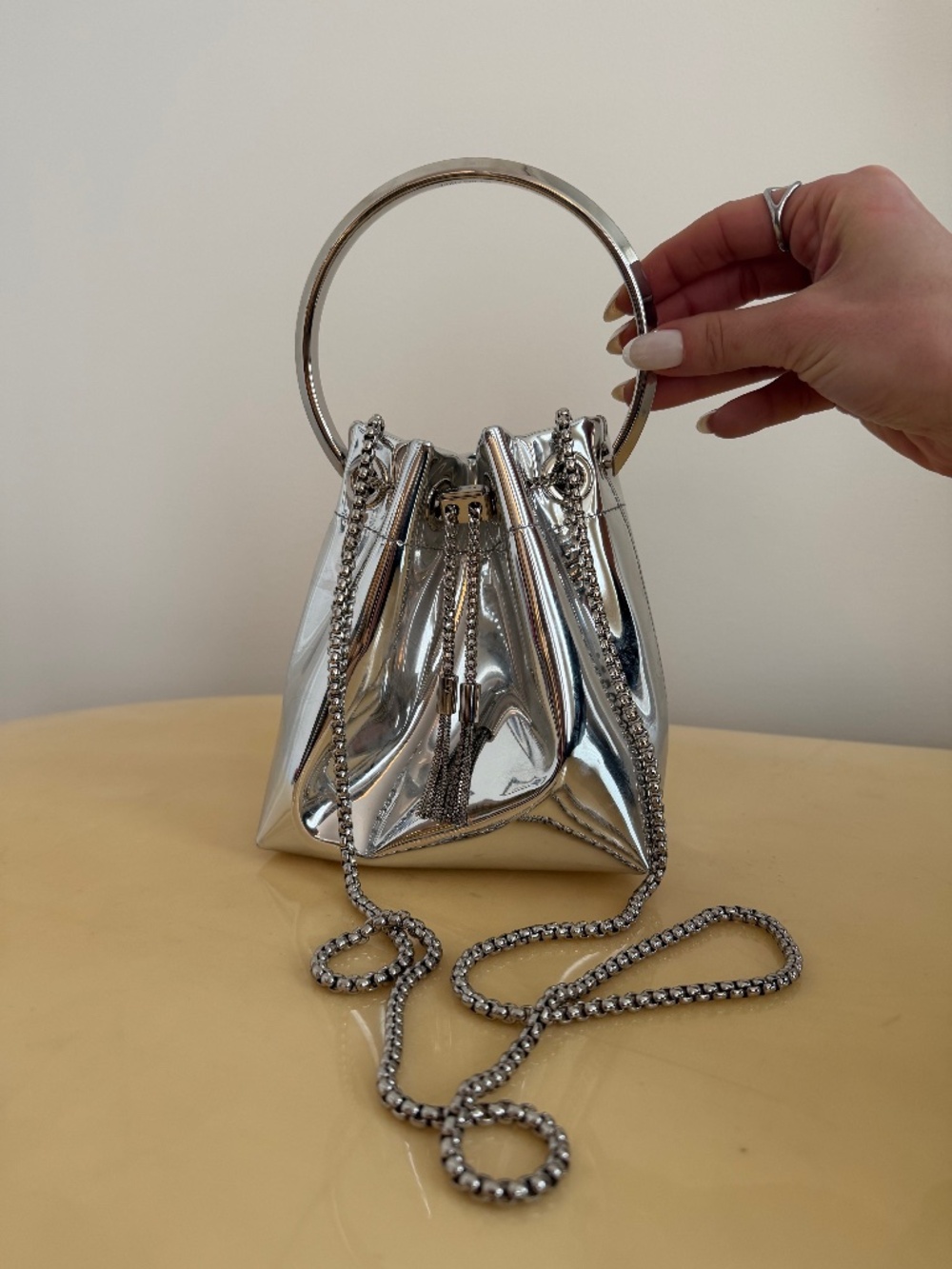 Jimmy Choo Silver Metallic Chain Bucket Bag